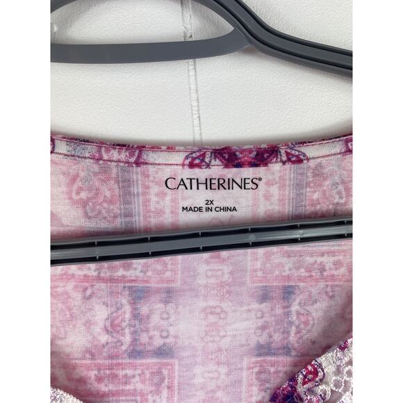 Catherine’s Pink Blouse Geometric Print Gem Fairy Spring Summer Popover 2X - Picture 3 of 8